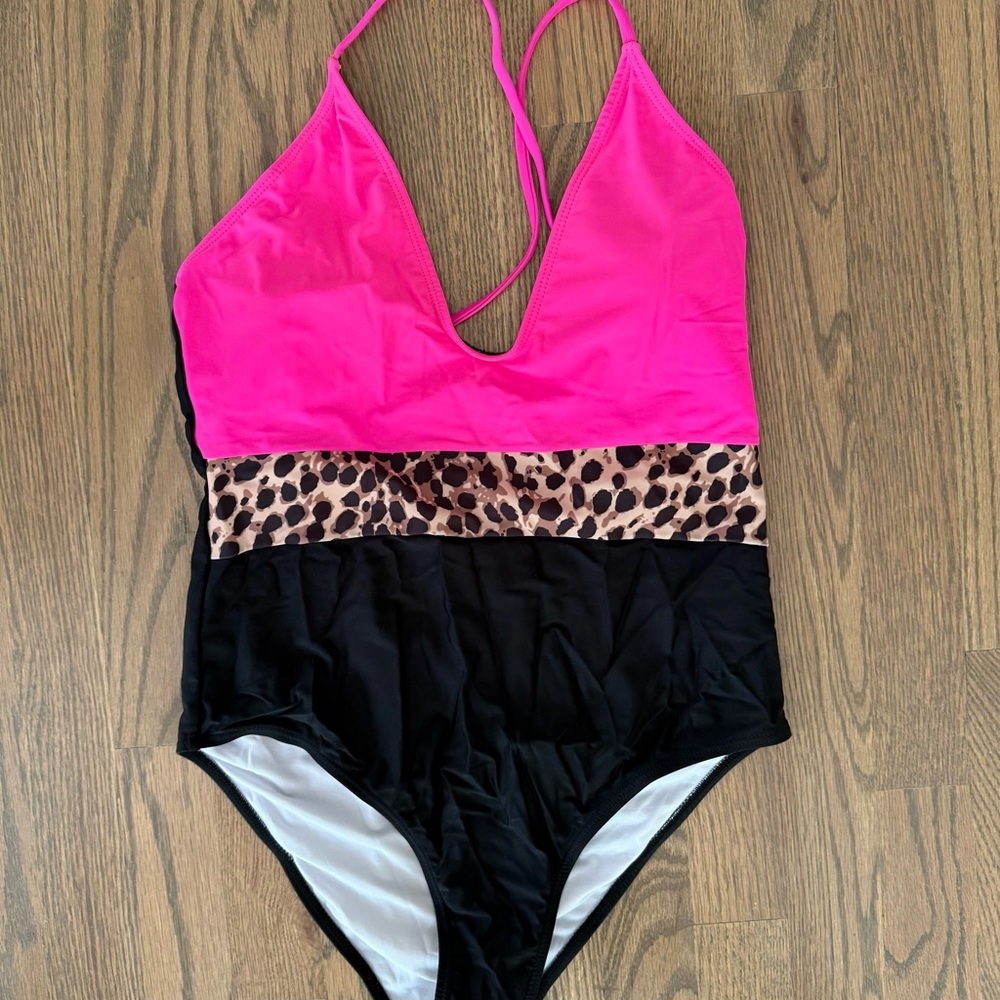 Pink Lily Hot Pink, Leopard & Black One-Piece Sexy Swimsuit